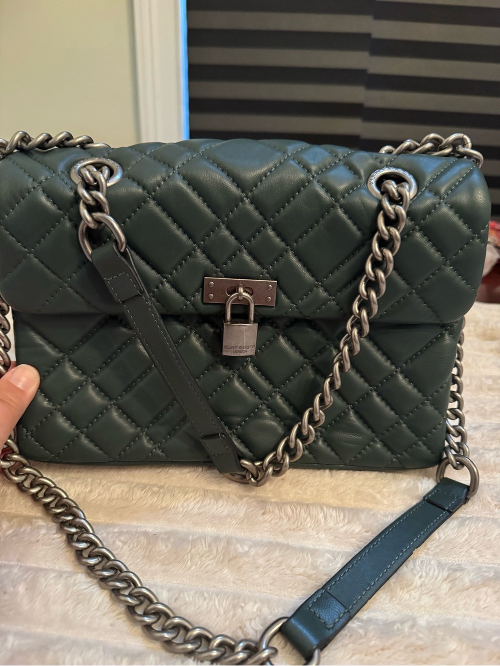 Kurt Geiger London Green Quilted Leather Kensington Chain Shoulder Crossbody Bag
